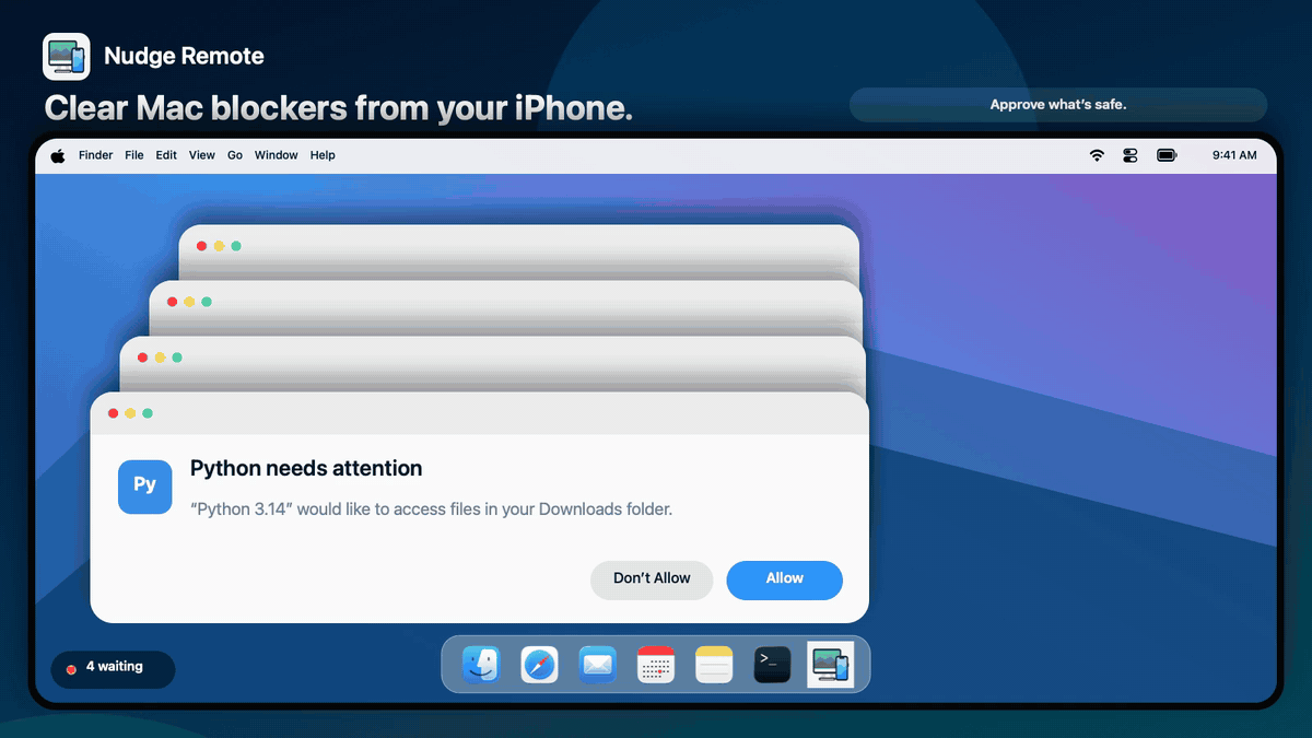 Animated demonstration of Mac approval dialogs being reviewed and cleared from Nudge Remote on an iPhone